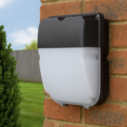 Outdoor light fixture on a brick wall with grass and sky in the background 
