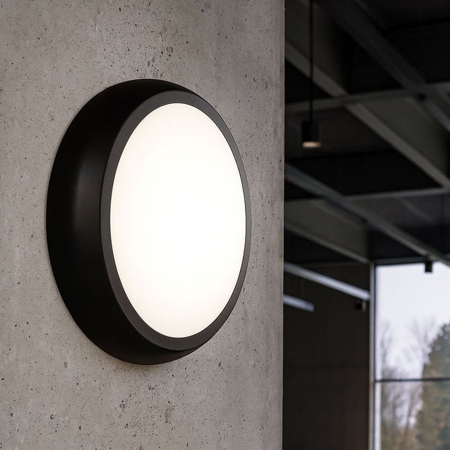 CE3X5 Round LED 3hr Emergency Bulkhead Light - Switchable 8‑16 W, 5‑CCT, IP65, Black