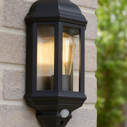 Outdoor Half Lantern Wall Light with PIR Sensor – E27, Black, IP44