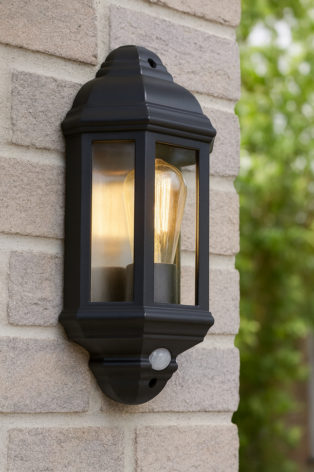 Outdoor Half Lantern Wall Light with PIR Sensor – E27, Black, IP44