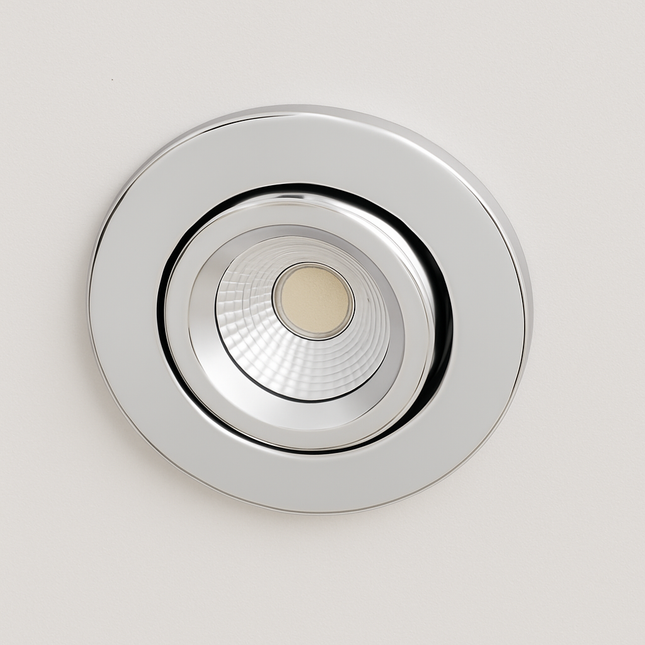 Dimmable LED Tilt Downlight Fire-Rated 30/60/90 min – 7W, 3000K Warm White, IP20, Polished Chrome
