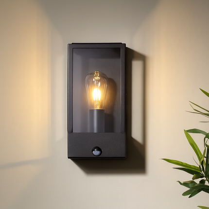 Outdoor Wall Lantern with PIR Sensor – Box Glass Porch Light, E27, IP44, Black