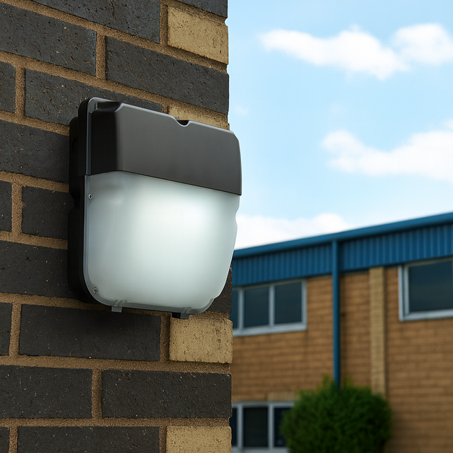 Outdoor wall light fixture on a brick wall with building and sky in the background