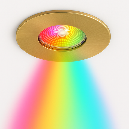 Smart Wifi RGB-CCT Fire-Rated Downlight (Alexa & Google) – IP65, GU10, Brushed Satin Brass