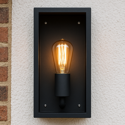 Outdoor Wall Lantern – Box Glass Porch Light, E27, IP44, Black