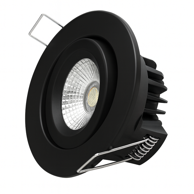 Dimmable LED Tilt Downlight Fire-Rated 30/60/90 min – 7W, 3000K Warm White, IP20, Matt Black