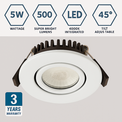 Adjustable IP65 Dimmable LED Slim Tilt Downlight, Fire Rated, 5W, 500 Lumens, White