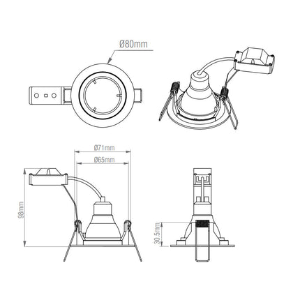 Technical drawing of a ceiling light fixture with dimensions