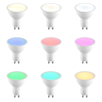 Set of nine colorful LED light bulbs on a white background