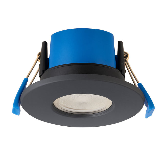 Blue and black recessed ceiling light on a white background