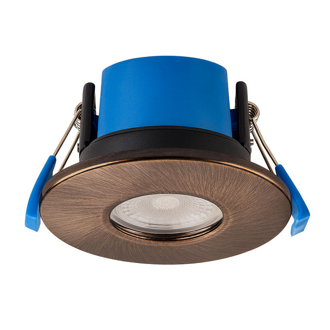 Recessed ceiling light with blue and bronze design on a white background