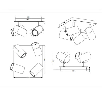 Quad Square Adjustable Spotlight – GU10 Wall or Ceiling Light, Matt Nickel, IP20