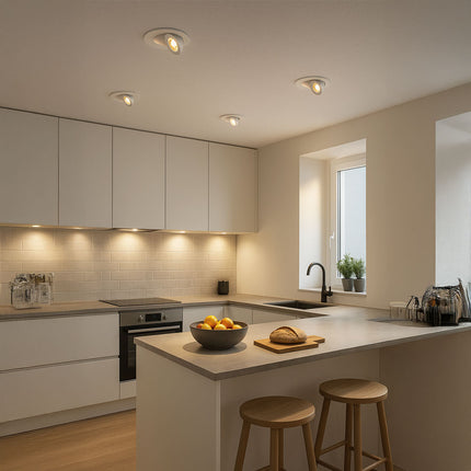 Modern kitchen with white cabinets, a island, and wooden stools.
