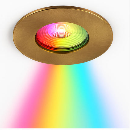 Antique brass downlight recessed light fixture with a colorful rgb pattern on a white background