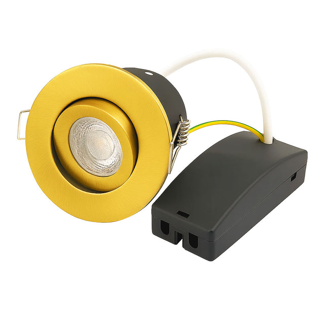 Fire-Rated 30/60/90 min Open Back Tilt Adjustable Downlight – IP65, GU10, Satin Brass