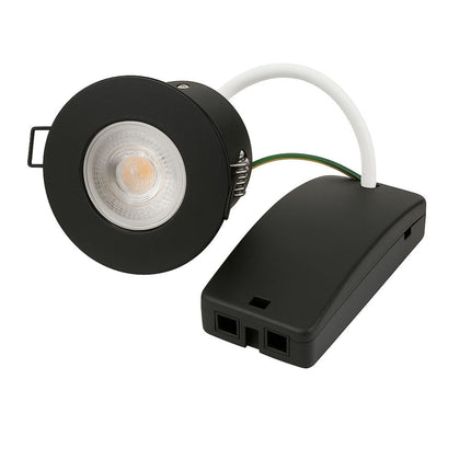 Black LED spotlight and driver on a white background
