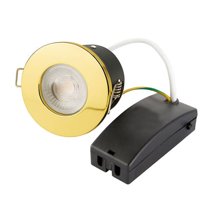 Fire-Rated 30/60/90 min Open Back Downlight – IP65, GU10, Polished Brass