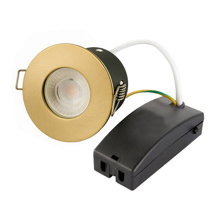 Fire-Rated 30/60/90 min Open Back Downlight – IP65, GU10, Satin Brass