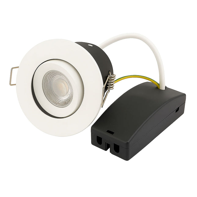 White LED downlight fixture with black electrical box on a white background
